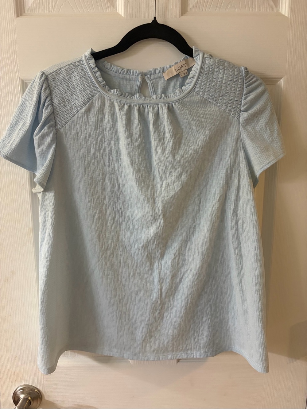 LOFT Pale Blue Short Sleeve Smocked Shoulder Blouse